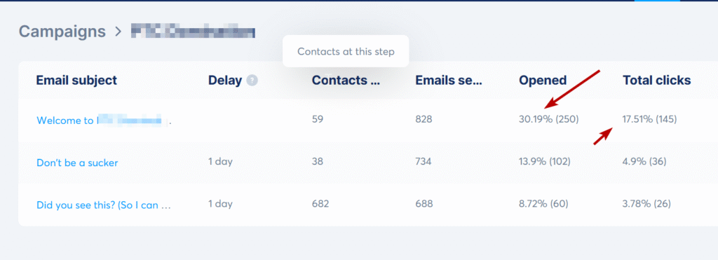 Campaign snapshot 2 showing opens and clicks